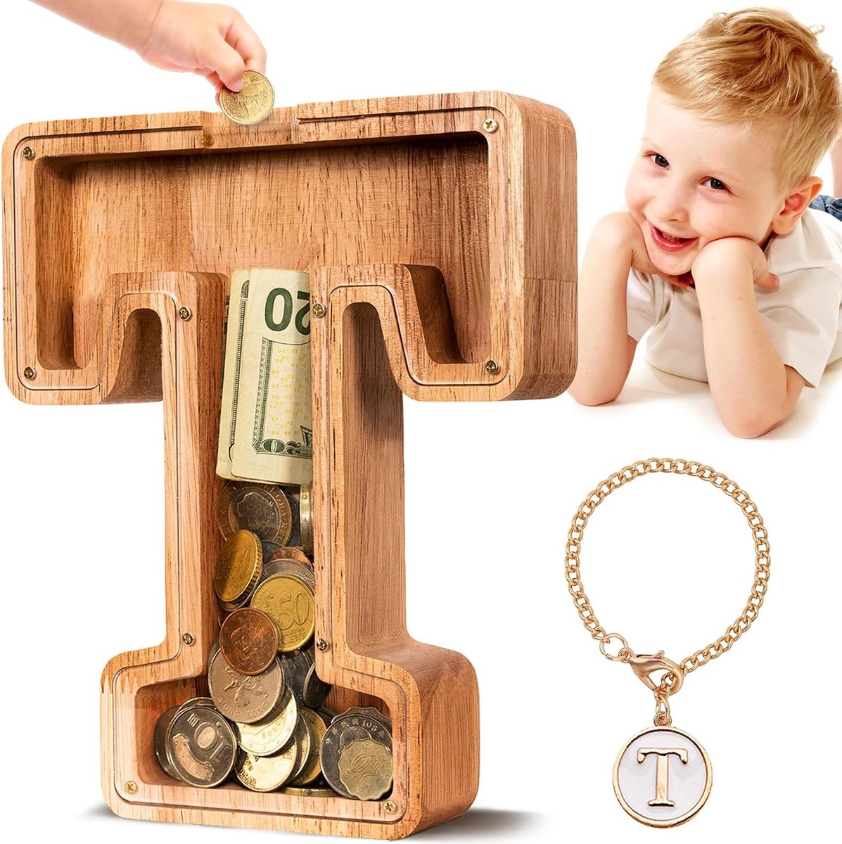 Houten Letter Piggy Bank| Spaarvarken voor Jongens Meisjes Peuter | Alfabet T Money Bank| Coin Bank Verjaardagscadeau voor kinderen|Kindercadeau (Initial-T)