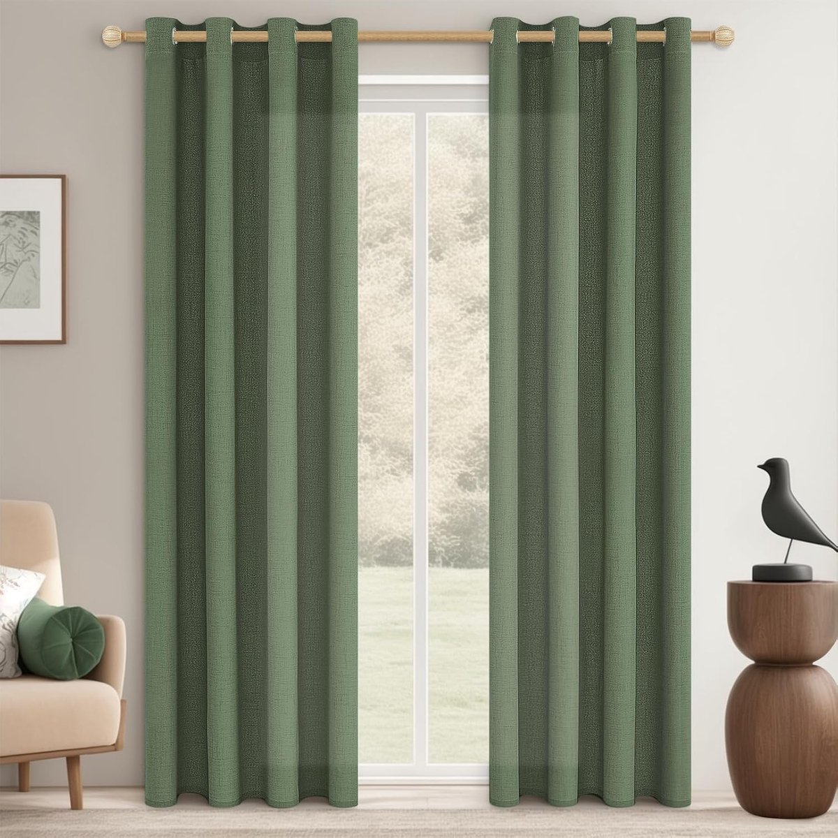 Olijfgroen netgordijn voor moderne woonkamer, set van 2 transparante gordijnen met inslagringen, linneneffect, woondecoratie, slaapkamer meisje 140 x 240 cm