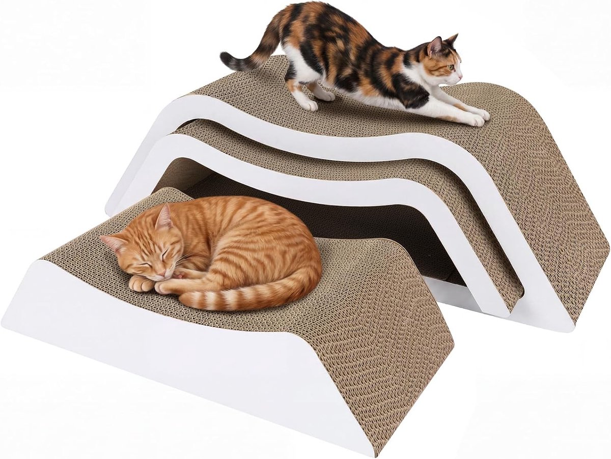 Krabplank voor katten, 75 cm, 3-in-1, XXL, stijlvol krabmeubel van golfkarton voor het huishouden van meerdere katten, modern golfdesign, nestbaar en ruimtebesparend, kattenkrablounge