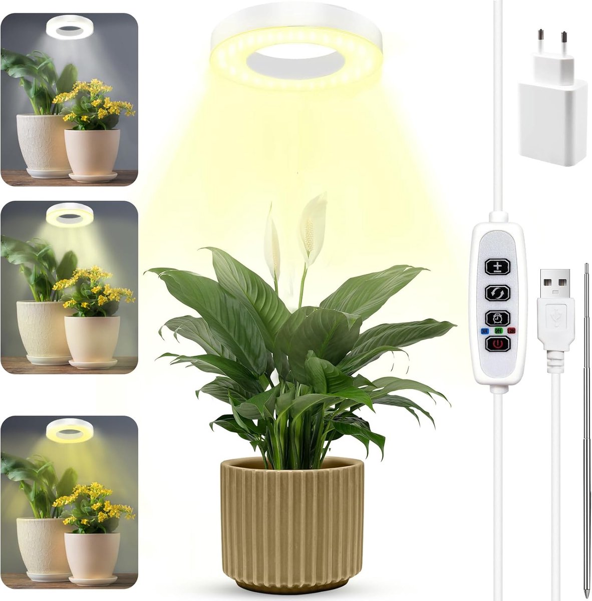 led, volledig spectrum, in hoogte verstelbaar, 48 leds, plantenlicht met timer, 3/9/12 uur met USB-adapter, 3 lichtmodi en 9 helderheid, voor kamerplanten