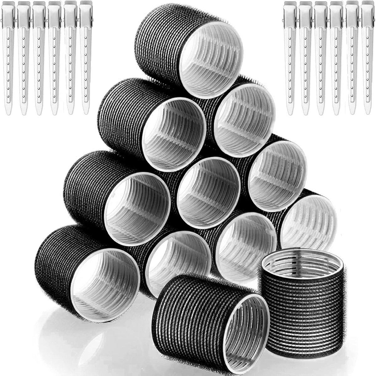Krulspelden, 24 stuks, grote krullen, krullen zonder hitte, zelfklevende haarkrullers, grote hittevrije haarrollers met 12 stuks eendensnavelclips voor lang, middelgroot en klein haar