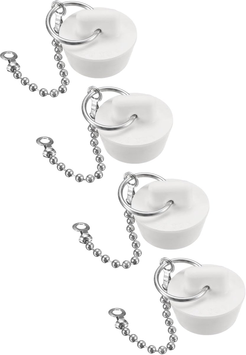 4 stuks badstoppers, rubberen stoppen van 7/8 tot 1 inch, afvoerstop voor keukenspoelbak, afvoerstop voor badkamer, trekring en parelketting, 38 cm, wit