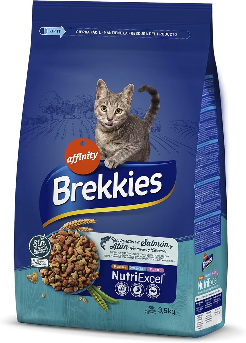 SnelShoppen - Brekkies Kattenvoer met Zalm, Tonijn en Groenten 3.5 kg - Compleet en Gebalanceerd Voer voor Gezonde Katten met Sterke Botten, Glanzende
