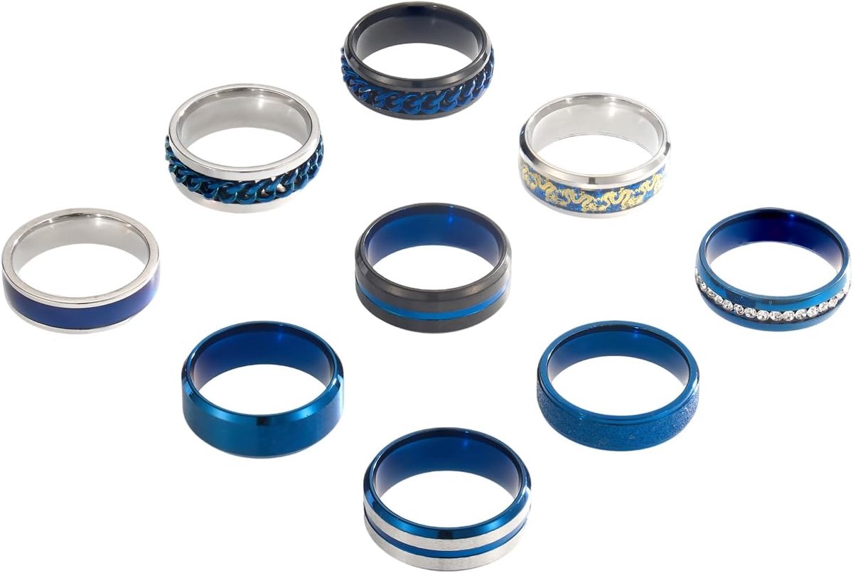 Ringenset voor heren (waarvan 2 kettingringen angst en stress verlichten) trendy en modieuze damesringen van roestvrij staal