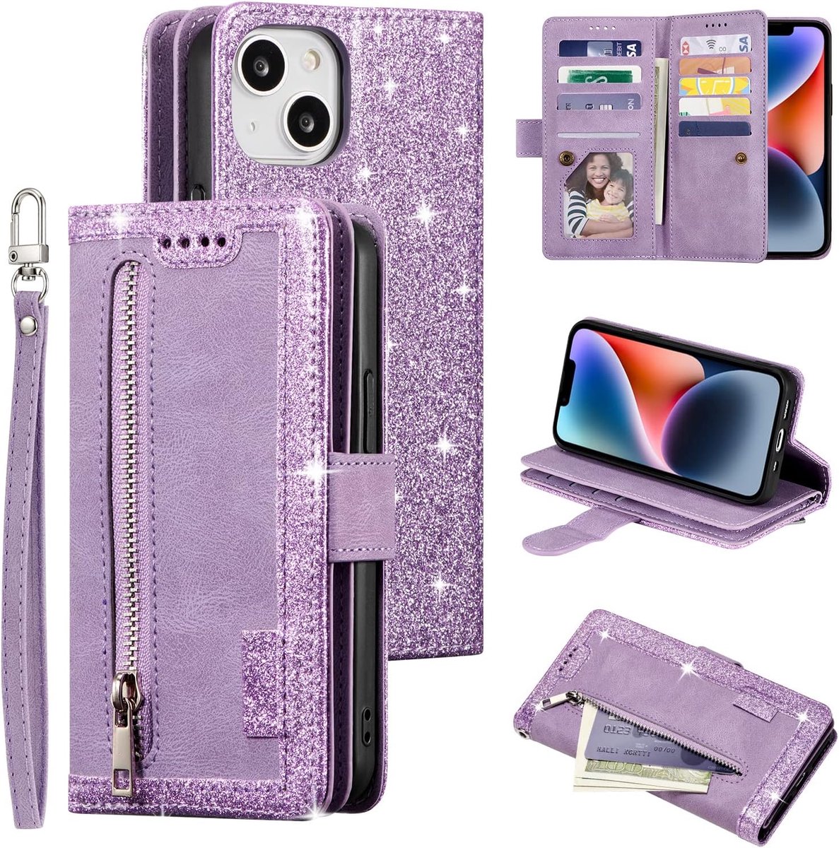 Hoes voor iPhone 15 van 6,1 inch (15,5 cm), vintage, ritssluiting, mobiele telefoonhoesje, PU-leren klaphoes, siliconen bumper, met 9 kaartvakken, standaardfunctie, portemonnee, draagband