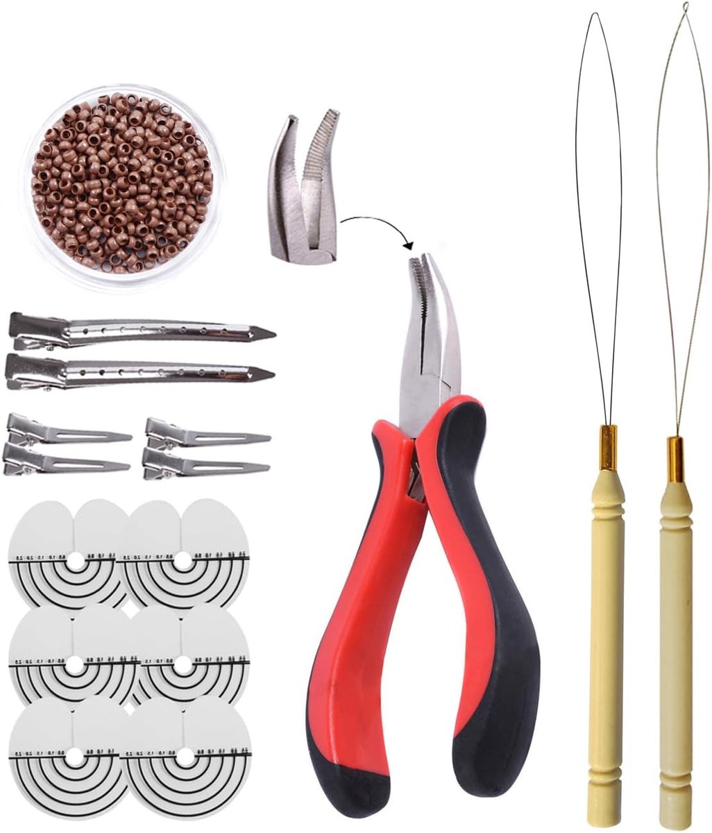 haarverlenging gereedschap Kit: I-tip haartang, haarverlenging threader, 500 stuks 2.5mm nano ringen beads (lichtbruin)