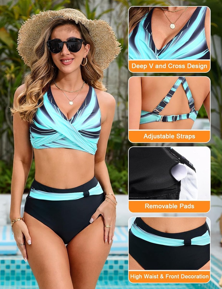 Badpak voor dames met hoge taille, tweedelig, bikiniset, push-up-bikini, gewatteerd bovendeel, verstelbare strandjurk, beachwear