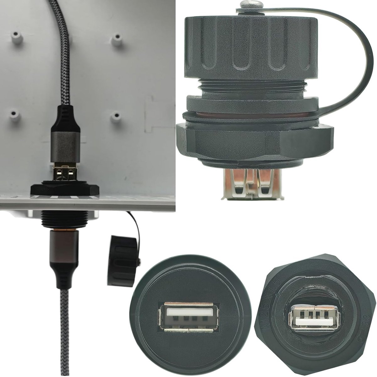Waterdichte USB-Connector, Paneelmontage Connector, 1 x USB 2.0 Vrouwelijke Naar Vrouwelijke Kop, Industriële Connectoren Met Waterdichte/Stofdichte Kap