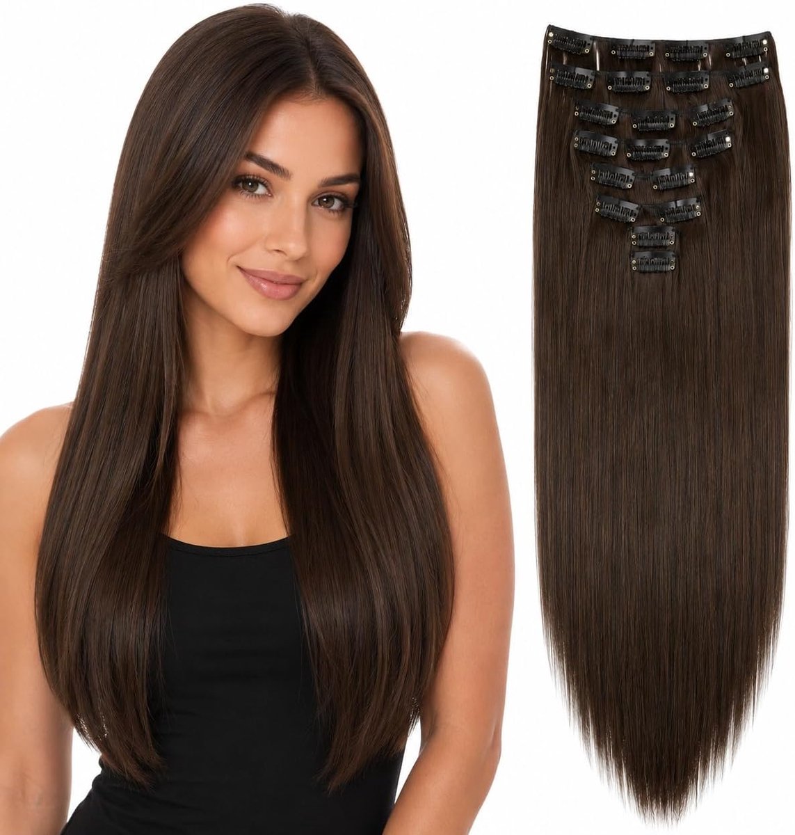 XXL 60cm 8 Delige Set Clip In Extensions Haarextensies Haarstukje Glad Bruin CES22