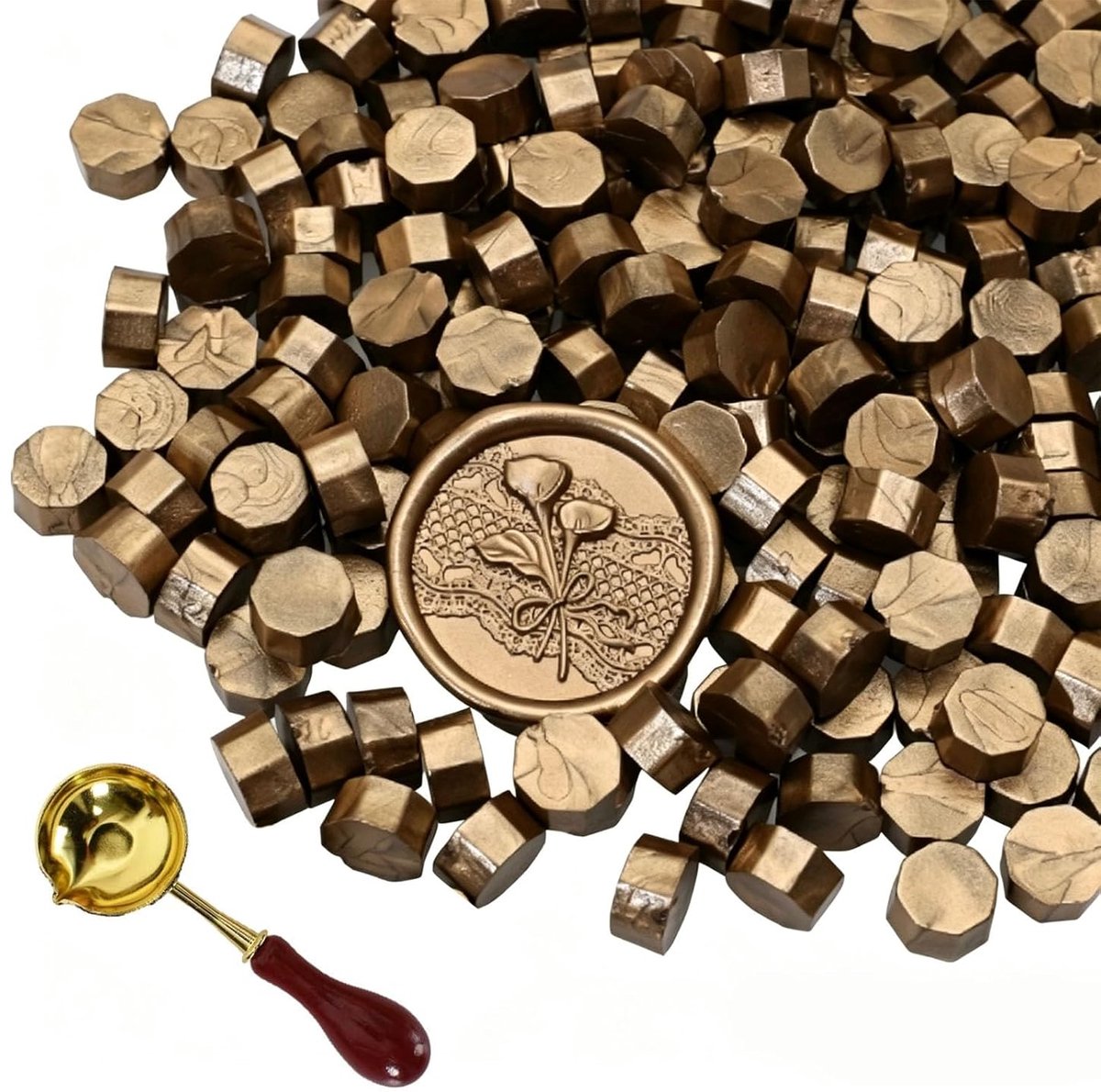 300 stuks zegelwaskralen met smeltlepel, achthoekige waszegelset voor stempels, brieven, uitnodigingen, kaarten, enveloppen, geschenkverpakking, bruiloft, knutselen (bronsgoud)