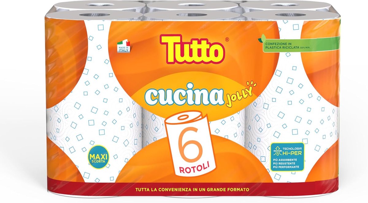 Tutto Cucina Jolly, verpakking met 6 handdoekrollen, versierd met geometrisch patroon, HI-PER-technologie voor - ShopVlot