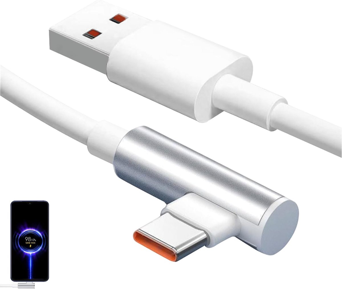 2 m Usb-C snellaadkabel voor 120 W opladers, USB-C-kabel, schuine