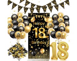 SnelShoppen - 18e Verjaardag Decoratieset Zwart Goud - Complete Feestdecoratie voor Jongens & Meisjes met XXL Achtergrondbanner, Driehoeksslinger, Cij