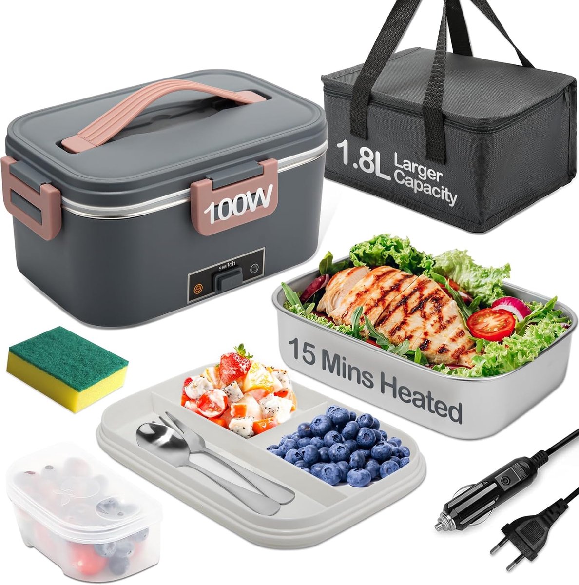SnelShoppen - Elektrische Lunch Box 100W, 1.8L RVS, 3-in-1 Verhuisbare Verwarmde Lunch Box voor Auto/Truck/Kantoor/Huis met Isolerende Tas
