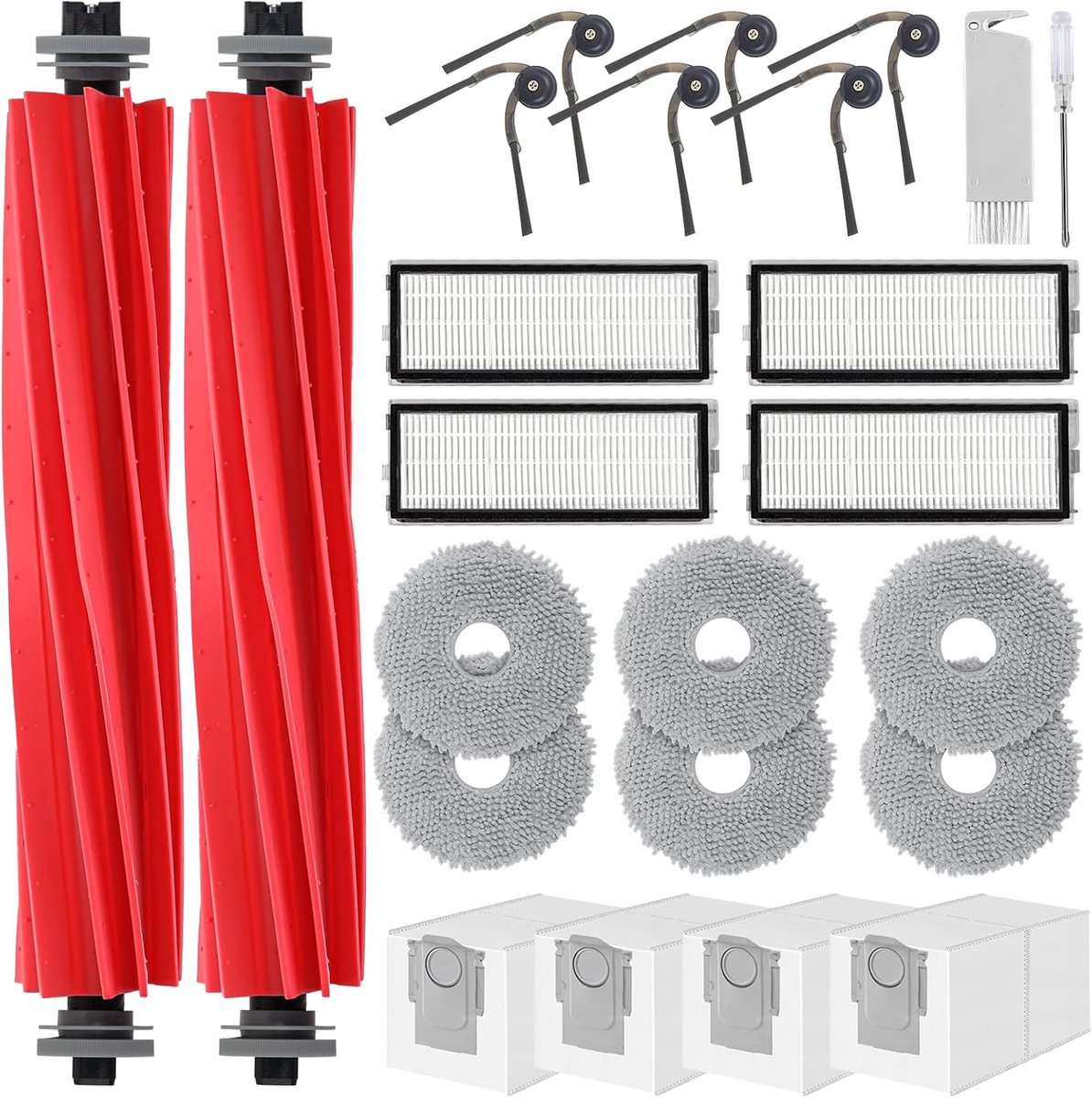 Accessoire Vervanging voor Roborock Qrevo S Pro, QV 35A, QV 35S | QR 598, QR 798 Robotstofzuiger, 2 Hoofdborstels, 6 Zijborstels, 4 HEPA-Filters, 6 Reinigingsdoeken, 4 Stofzakken