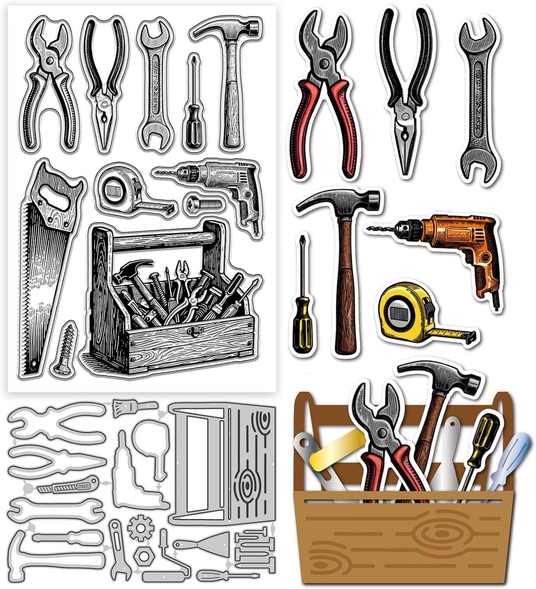 Toolbox Transparante Stempels en Snijmatrijzen Set Sleutel Silicone Transparante Stempels en Metalen Snijmatrijzen voor Kaarten Maken en DIY Scrapbooking