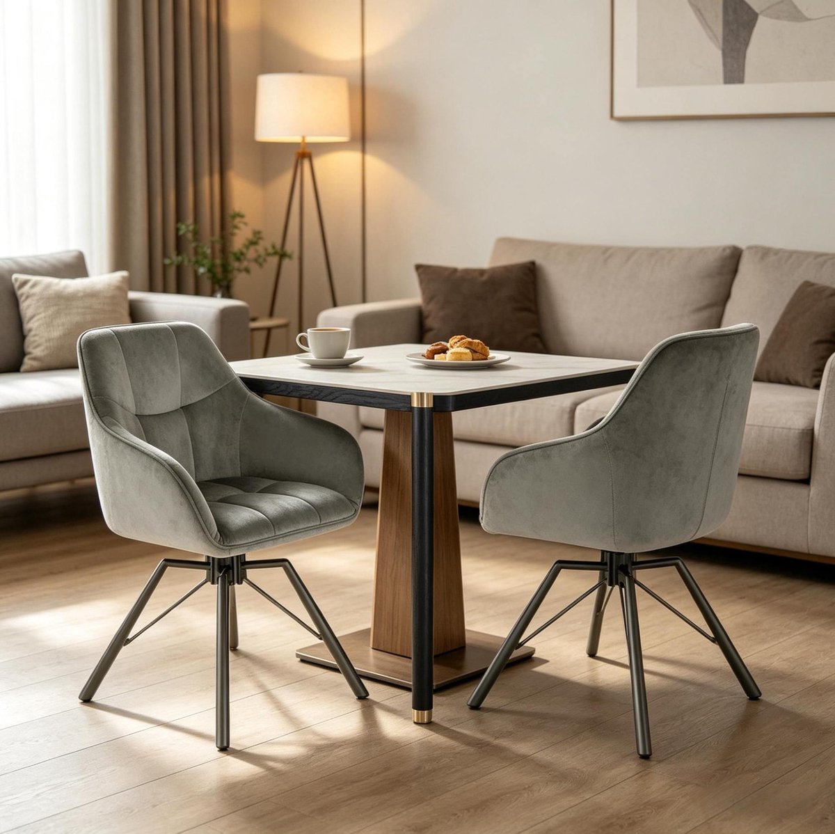 MIVRAY Eetkamerstoel 57 Cm - Draaibare Kuipstoel Met Armleuningen - Set Van 2 - Voor Eetkamer En Keuken - Fluweel - Donkergrijs