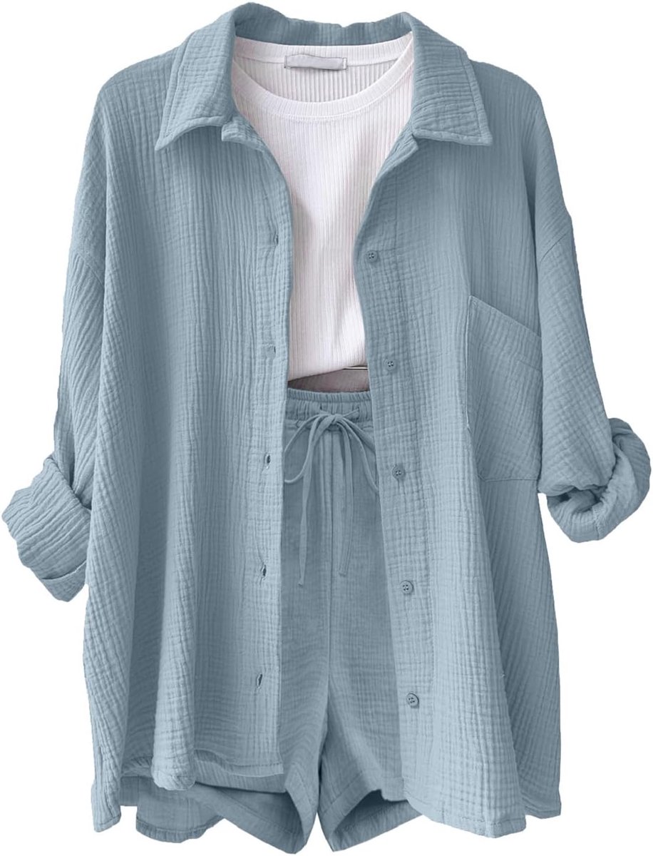 Zomerset voor dames, 2-delig, katoen, linnen, trainingspak, 2-delig, zomer, casual, lange mouwen, korte broek met comfortabele tas, modieus, effen, voor vakantie, strand