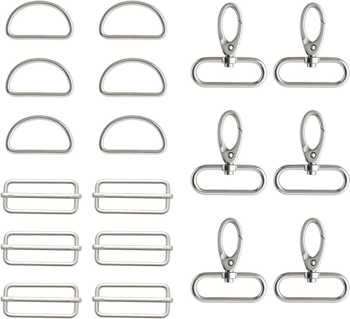 Set van 18 accessoires voor tassen, inclusief draaibare karabijnhaken, D-ringen en laddergespen voor doe-het-zelf projecten, ideaal voor hondenriemen en halsbanden, zilver