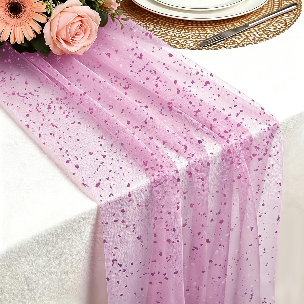Tafelloper Roze, 75 x 300 cm Lichte en Vloeiende Tafelloper van Tule Versierd met Glinsterend Bladgoud Geschikt voor Bohemian Bruiloften, Verjaardagen, Kerst Nieuwjaarsfeesten Tafeldecoratie