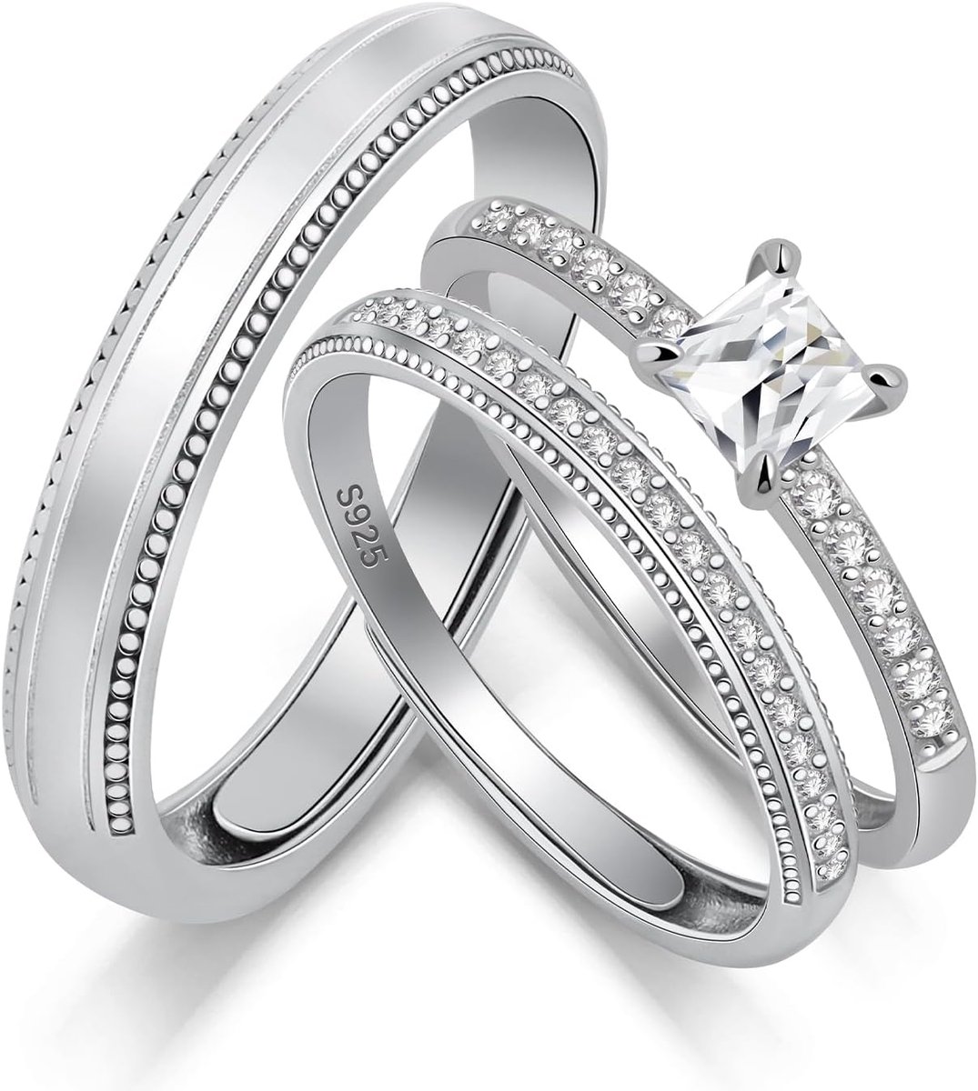 Ringen Set voor Trouwringen van 925 Sterling Zilver 5-delige Ringset met Vierkante Zirkonia Verstelbare Partnerringen voor Hem en Haar Cadeau voor Bruiloft en Jubileum