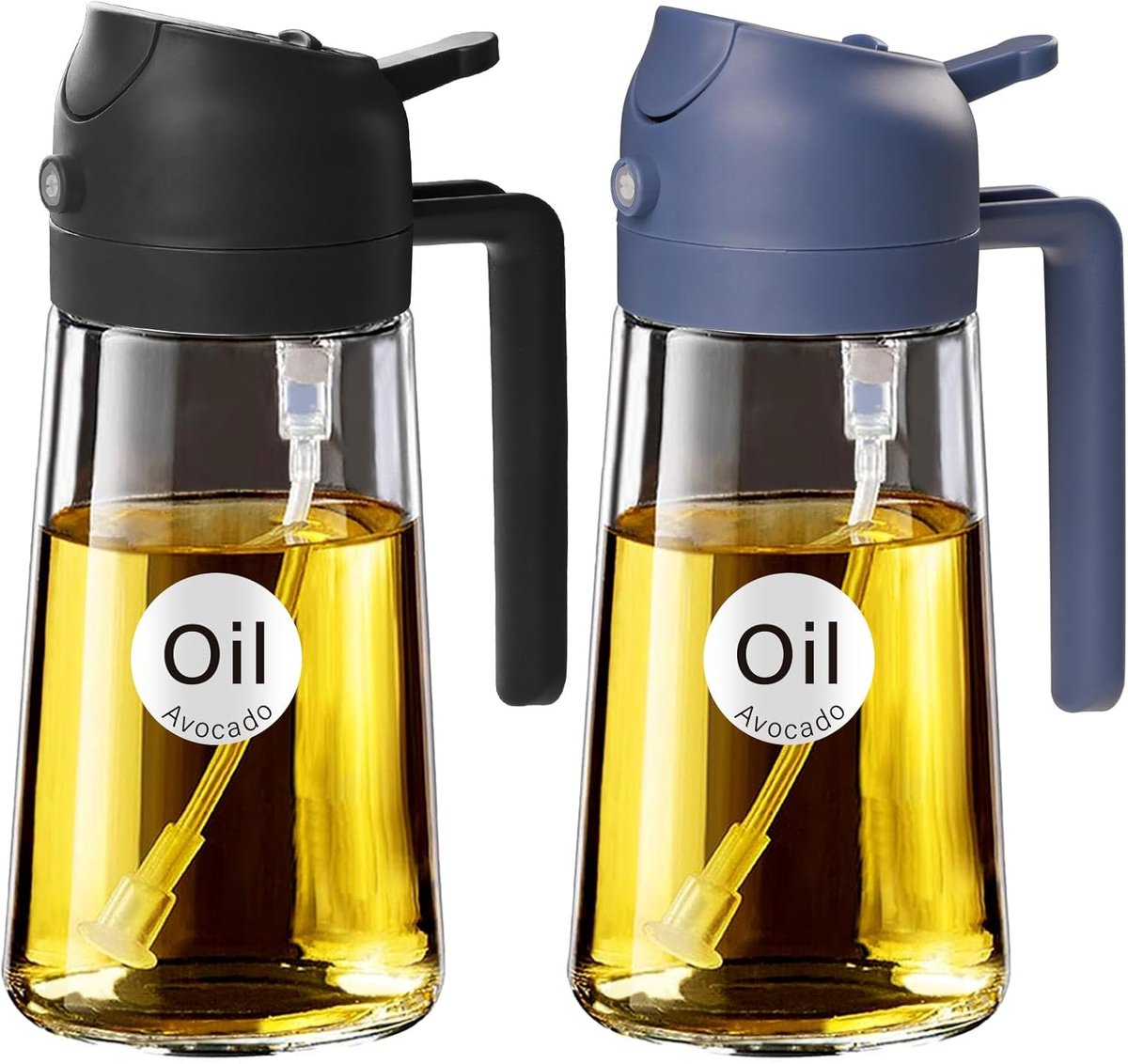 16oz/470ml oliesproeier voor koken met stickers, voedselveilige premium 2-in-1 olijfoliedispenserfles voor keukengadgets, luchtfriteuse, salade, frituren, barbecue (BlackNavy)