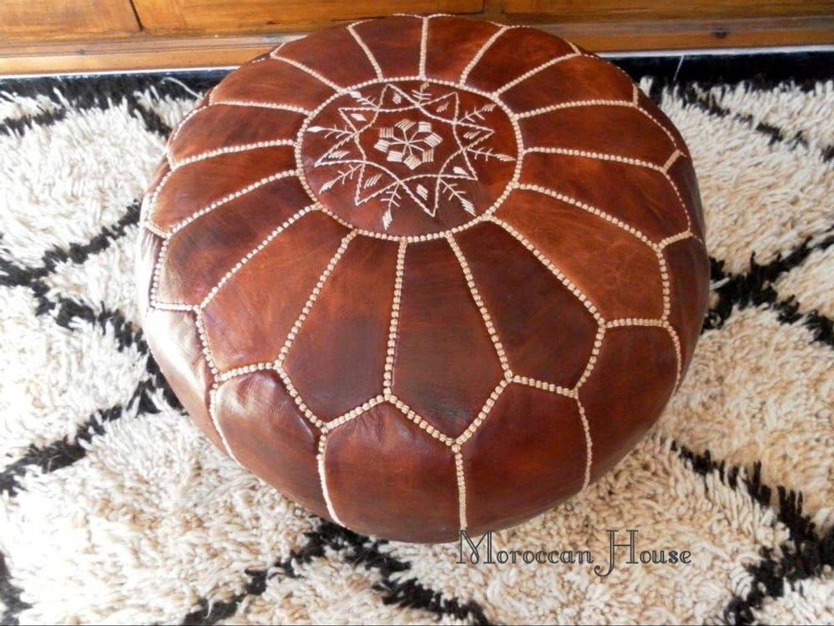 SnelShoppen - Marokkaanse ottoman | Handgemaakte leren poef | Donkerbruin met witte stiksel | Ongevuld | Hoogwaardige geitenleer voor woonkamer, tuin,