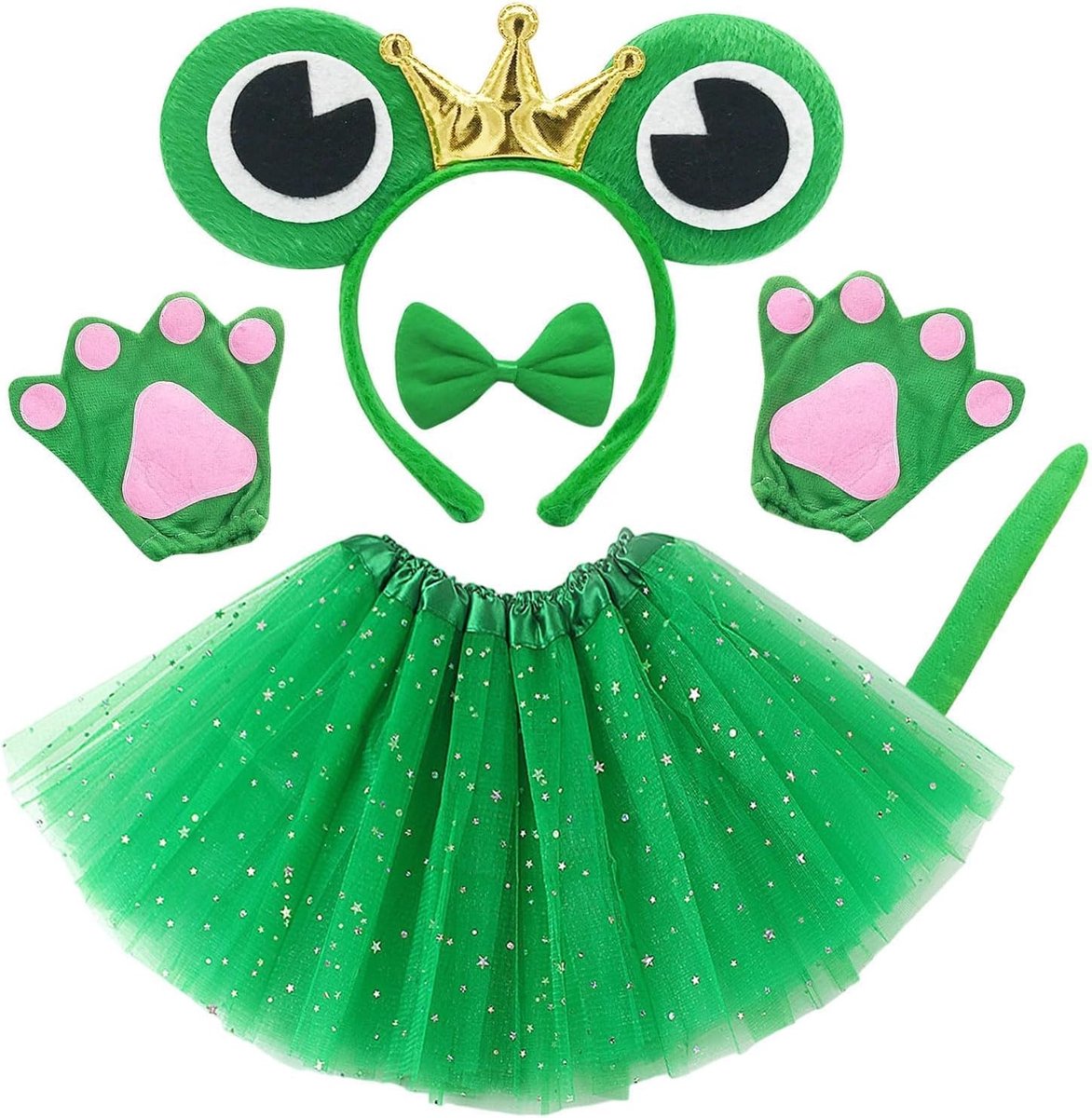 Kikkerkostuum, anime, kikker, accessoires, tutu, rok, kroon, oren, handschoenen, klauw, halsketting, kikkerstaart, kostuum voor meisjes, carnaval, Halloween, party, cosplay, dieren, fency