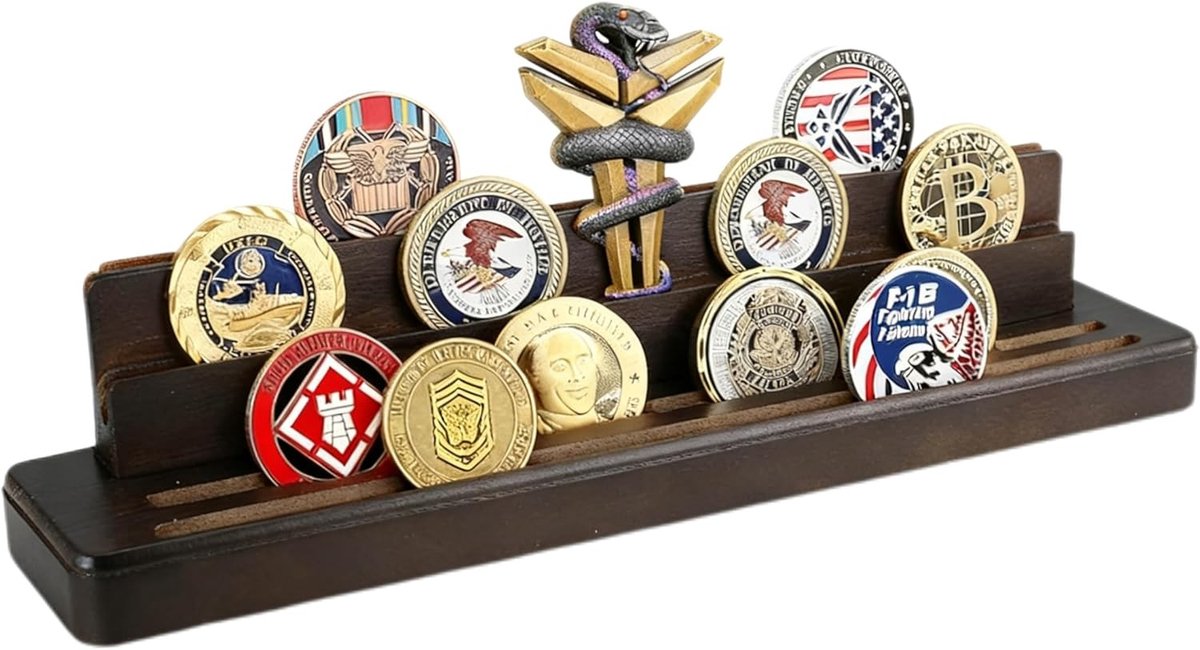 Houten munthouder met schuin ontwerp en 4-laags constructie voor 15-18 munten - Elegante displaystand voor de woonkamer, perfect als verzamelobject of cadeau voor muntenliefhebbers