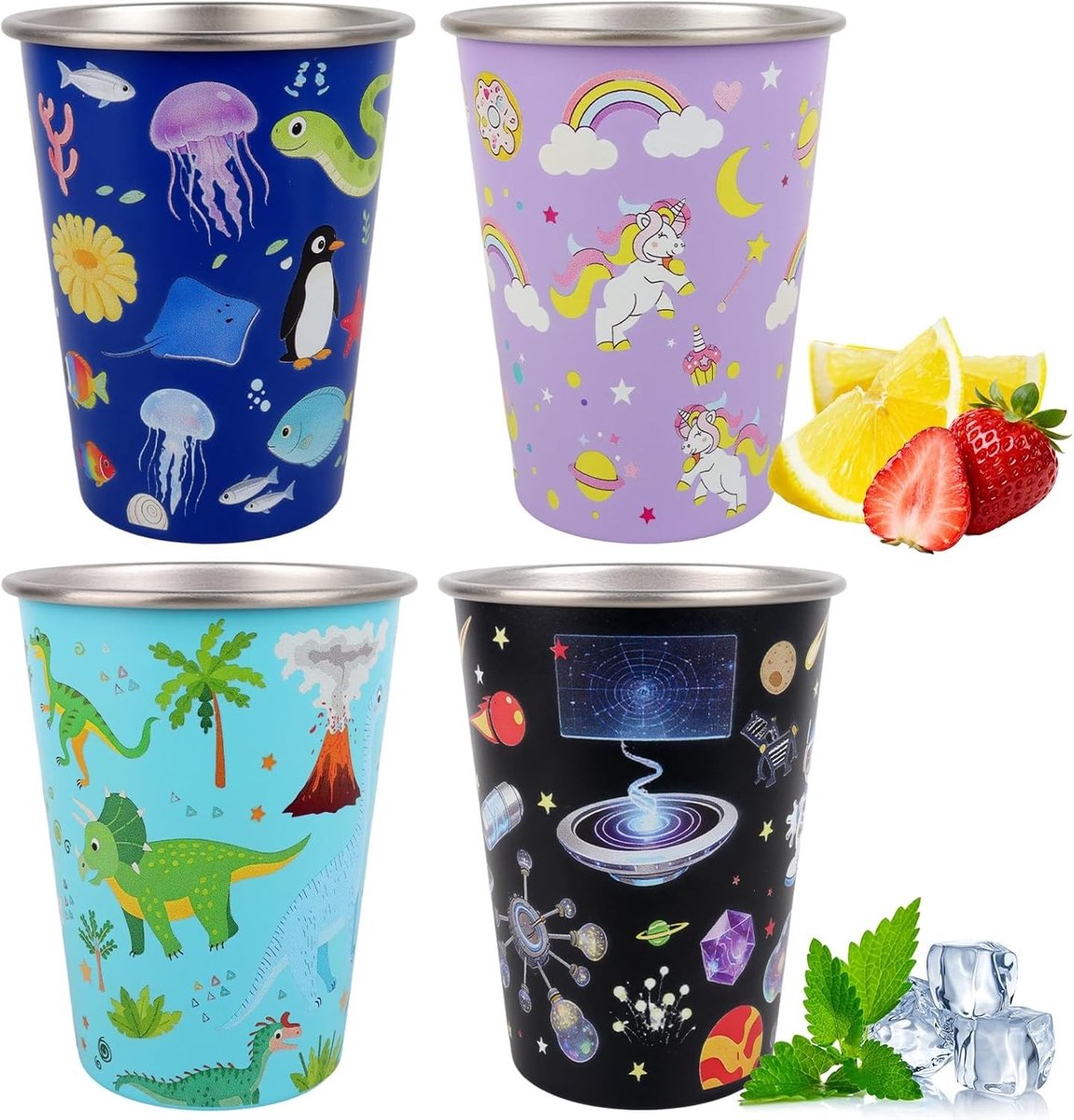 Set van 4 RVS Drinkbekers voor Kinderen - 350ml Herbruikbare Bekers met Cartoon Ontwerpen: Haai, Eenhoorn, Dinosaurus, Astronaut - Ideaal voor Thuis en Op Reis