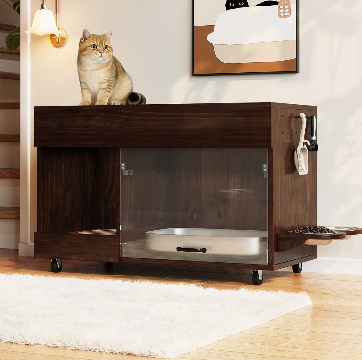 COVREO Kattenkloschrank 100 x 45,5 x 67 cm, walnoot, MDF, met wieltjes