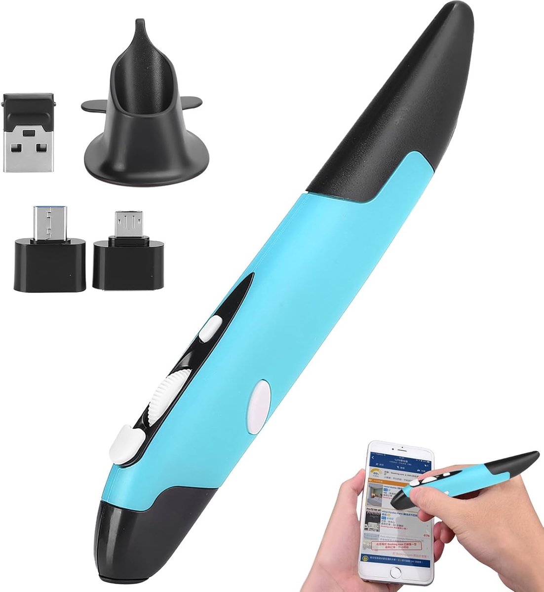 SnelShoppen - USB Draadloze Optische Pen, Computer Stylus, Draadloze 2.4G Muizen Pen Type, Innovatief Verticaal Ontwerp in Blauw met Verstelbare DPI