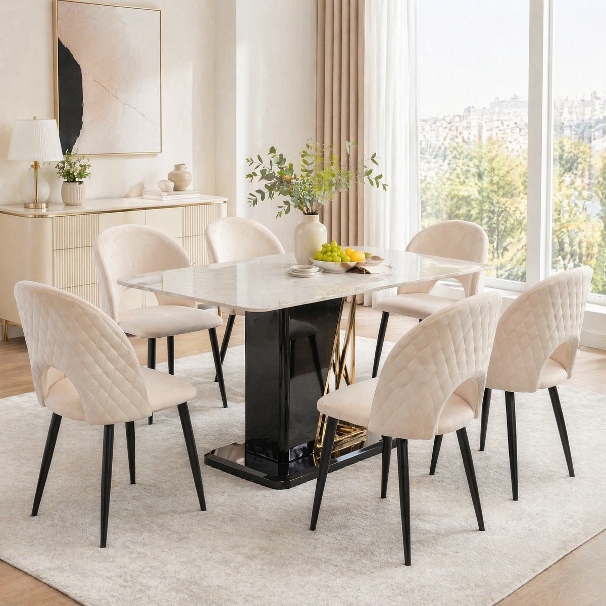 COVREO Eetkamerstoel 47x44x84 cm beige, velvet zitting set van 6