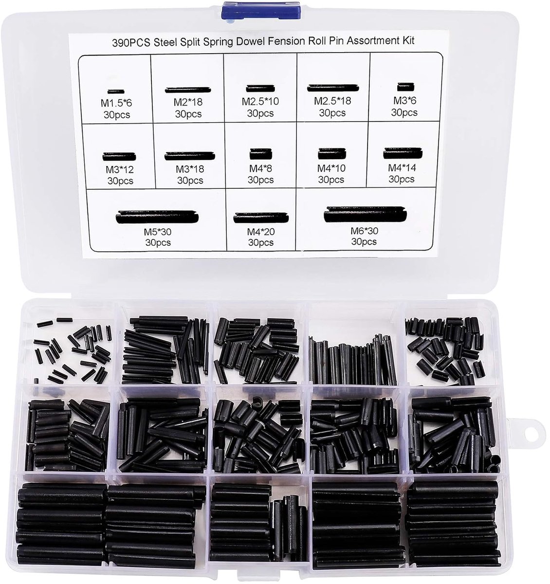 SnelShoppen - Holle Pin Set 390 Stuks Tension Pin Spring Pin Manganese Staal - M1.5 M2 M2.5 M3 M4 M5 M6 - Assortiment Box voor Gereedschap