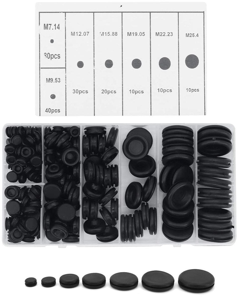 Rubber Grommet Assortment Kit, 200 Pieces, 7 Sizes, Black Rubber Grommet, Electric Conductor, Gasket, Ring, Assortment - ShopVlot