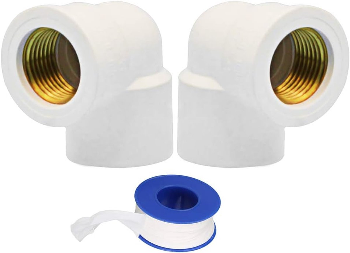 PVC water pipe connections, 20 mm - 2 pieces 90° angle pipe screw connection, internal thread + 1 x installation tape - ShopVlot