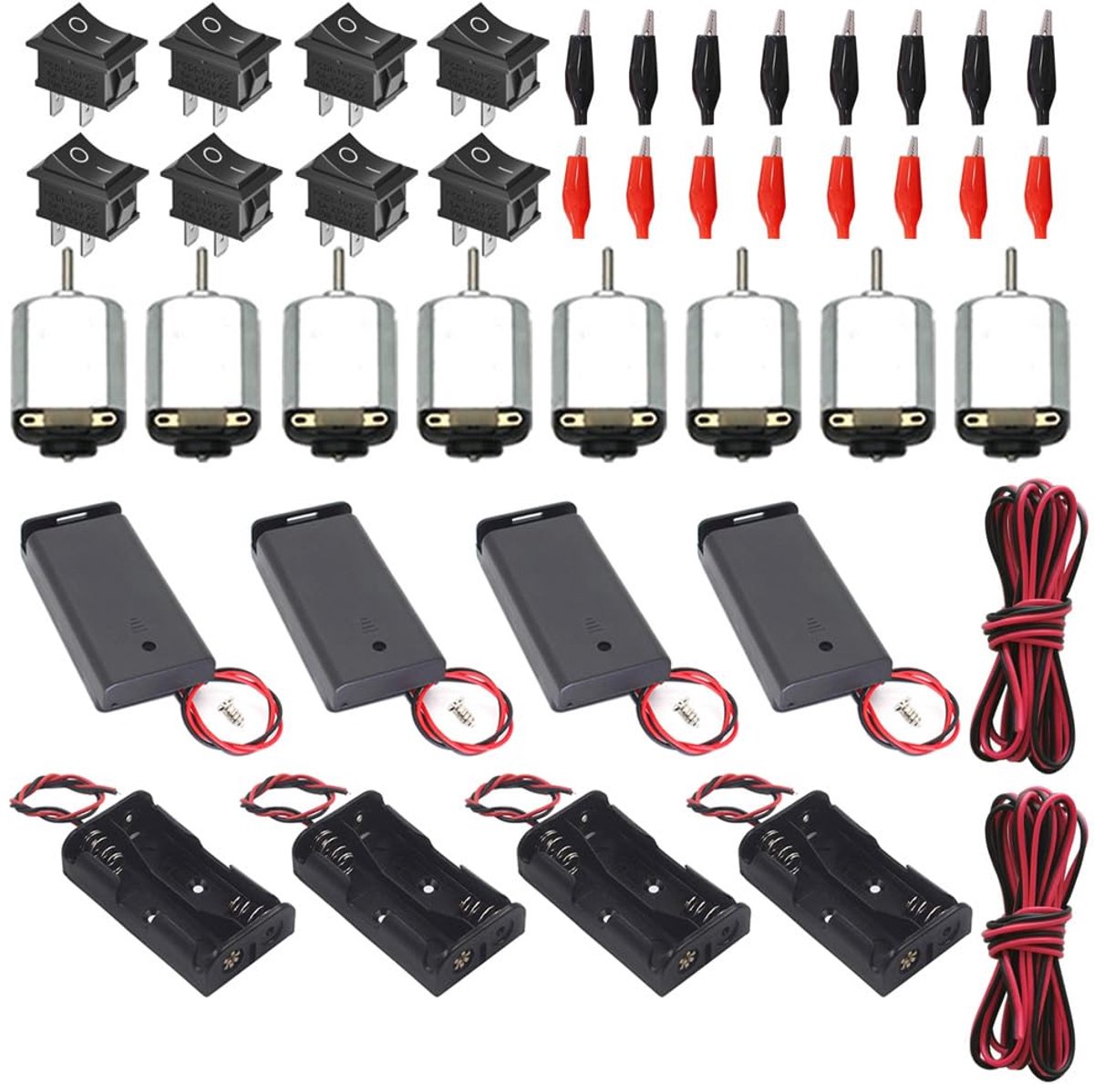 SnelShoppen - Elektrische Motor Set 8 x DC Motoren, 15000 RMin, 1.5-6 V, Rectangulaire Motoren, 8 x AA Batterijhouder, Rocker Switch, Krokodillenclips