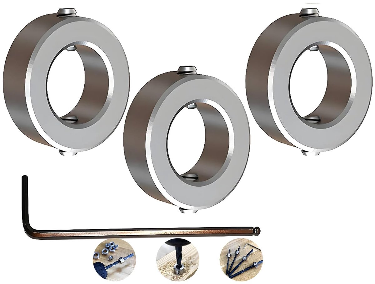 SnelShoppen - Depth Stop Collar Ring Positioner 16mm, 3 Stuks, Voor Houtbewerking, Duurzaam RVS, Met Inbussleutel, Consistent Boren