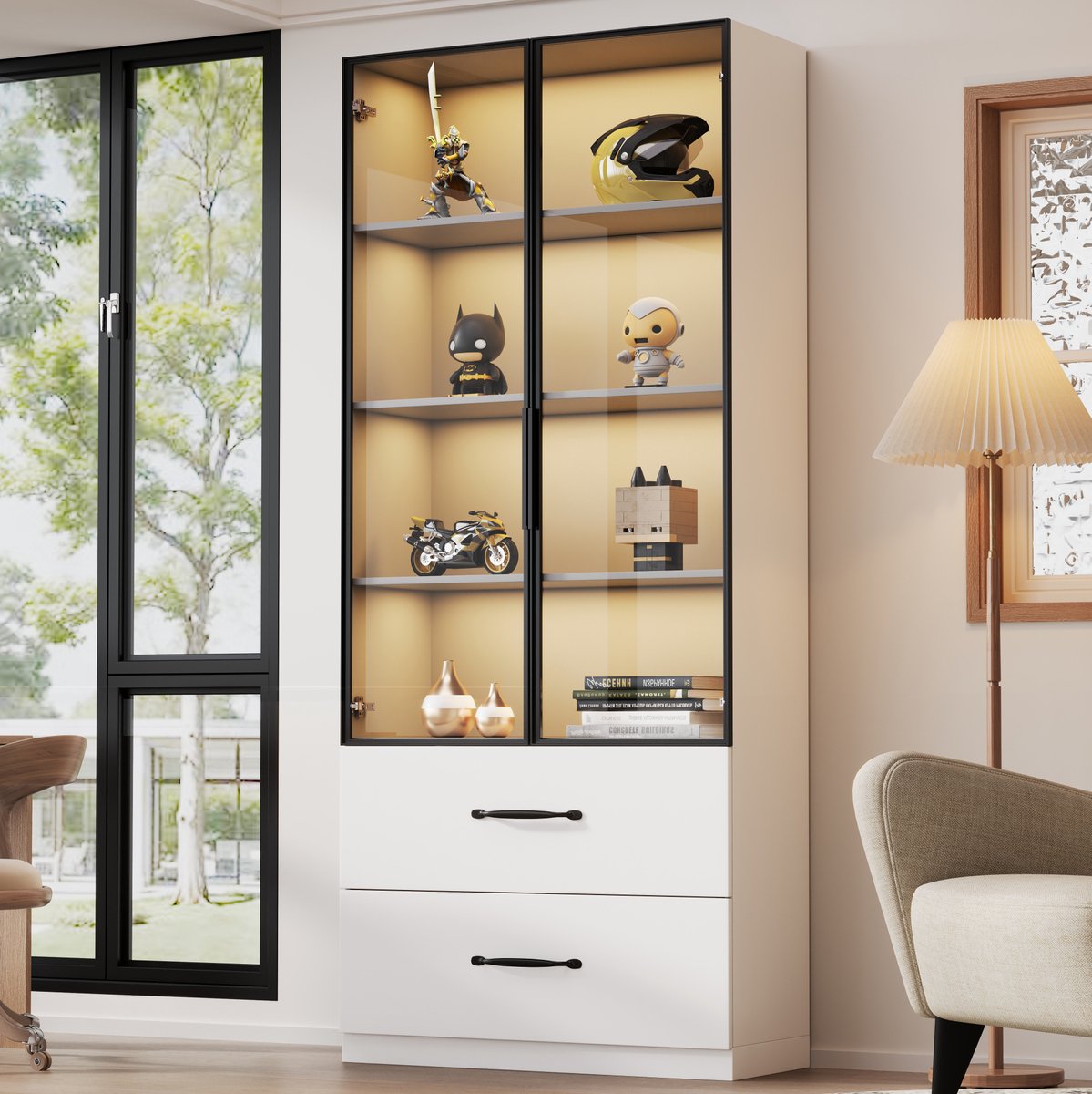 COVREO Boekenkast 60x40x160 cm wit, spaanplaat met LED en 2 lades
