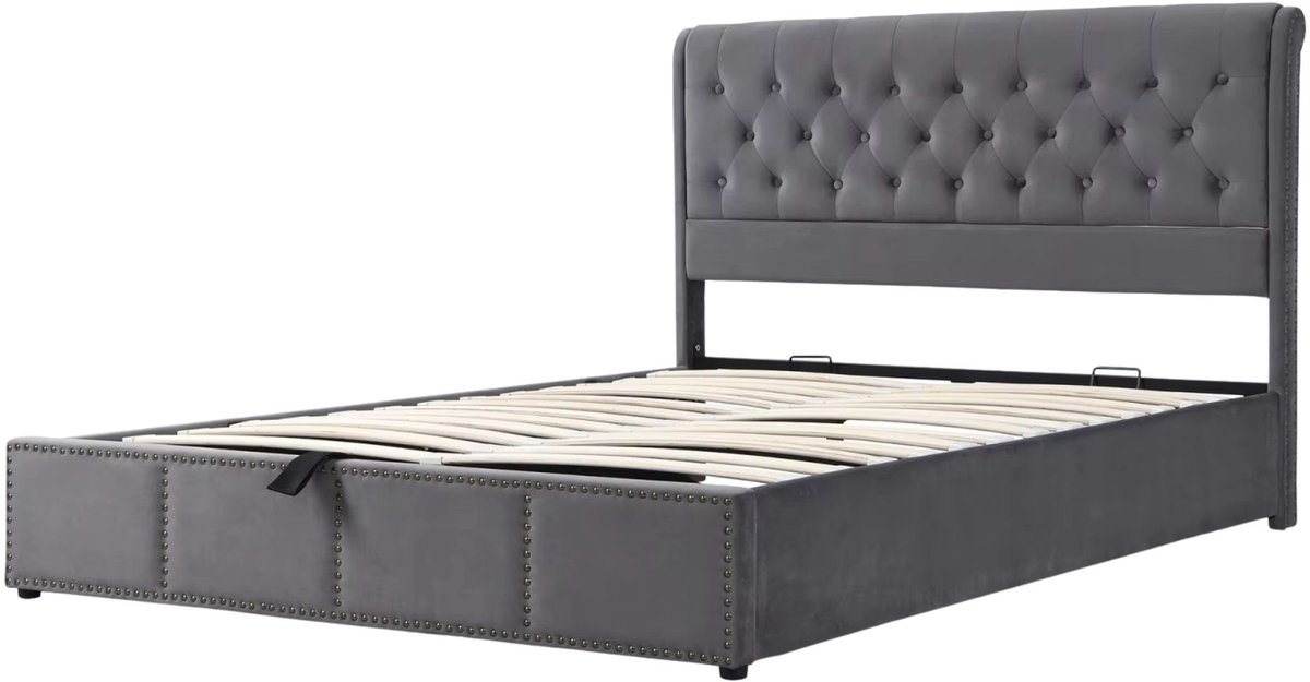Happiq Gestoffeerd Tweepersoonsbed 160x200 cm Grijs – Bedframe met Lattenbodem en Opbergruimte Gray