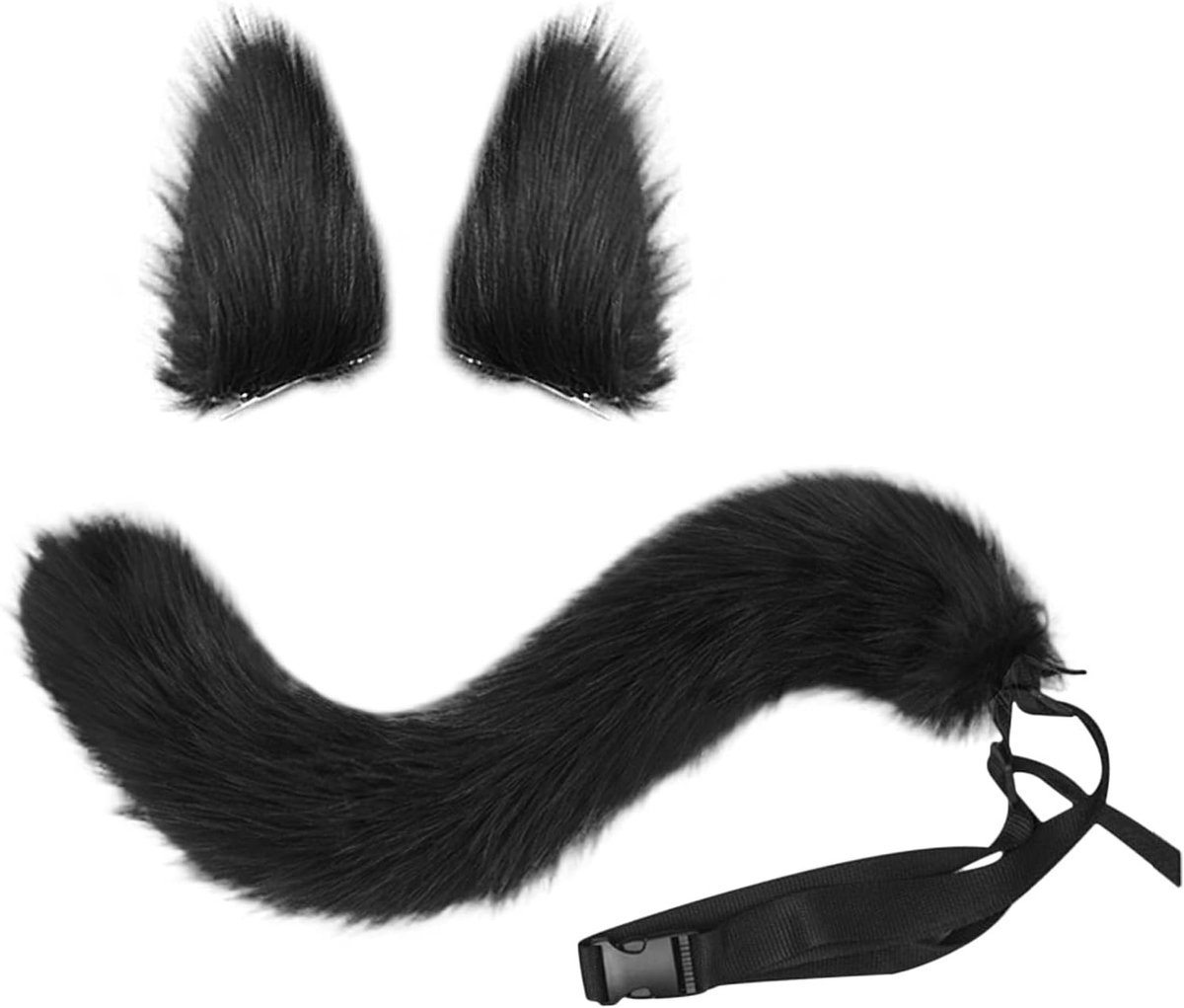 Halloween Cosplay Kostuum Set met Kattenoren en Staart, Faux Fur Dierenaccessoires voor Feestjes en Themapartijen, Schattige Haarclips en Party Props (Zwart)
