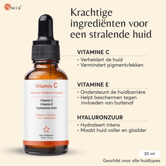 Flesje vitamine C serum met oranje label. Tekst "Krachtige ingrediënten voor een stralende huid".