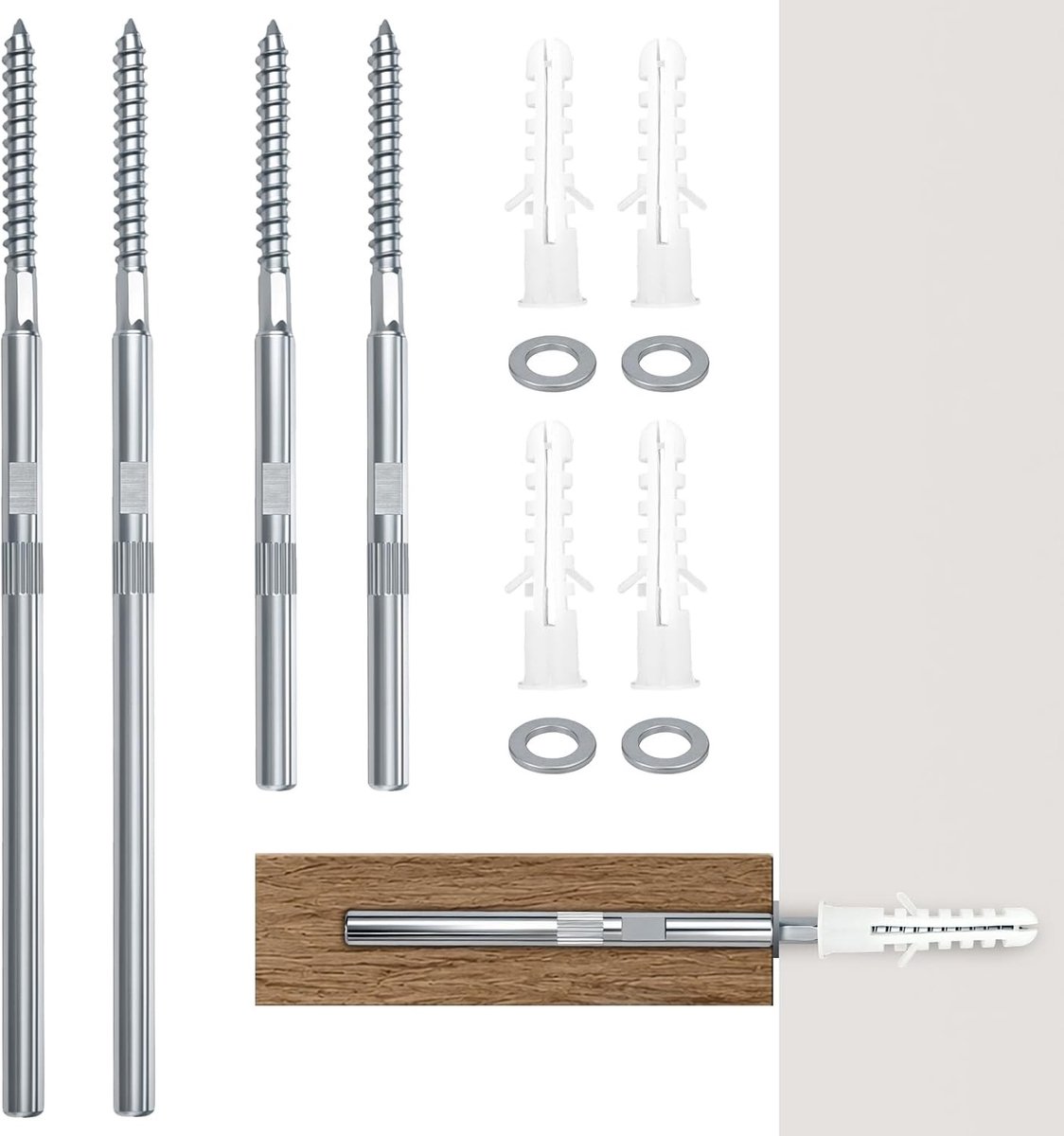 Set van 4 onzichtbare wandplankhouders Ø 8 x 150 mm en Ø 8 x 200 mm voor stevige plankbevestiging, inclusief sluitringen en pluggen voor een strakke afwerking en optimale stabiliteit