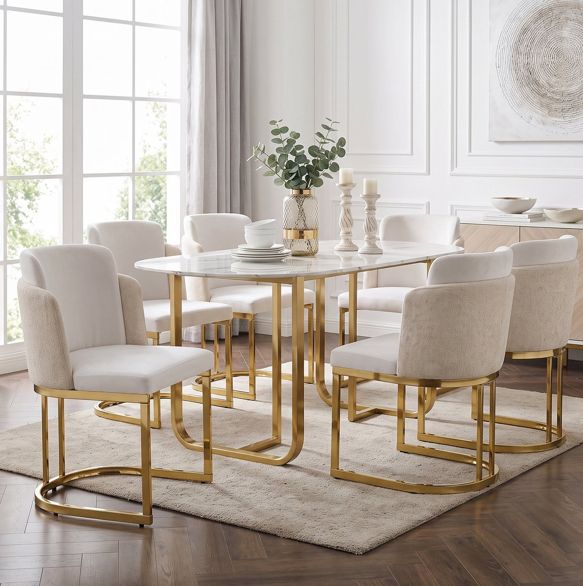MIVRAY Eetkamerstoel Set van 6 Beige Goud Chenille Met Armleuningen Modern Design Voor Eetkamer En Woonkamer