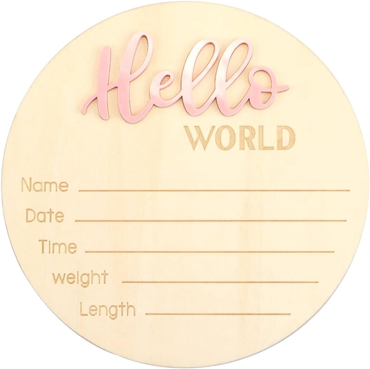 Aankondigingsbord voor pasgeborenen, 15 cm houten 'Hello World'-borden, welkomstbord, cadeau voor pasgeboren jongens en meisjes (roze)