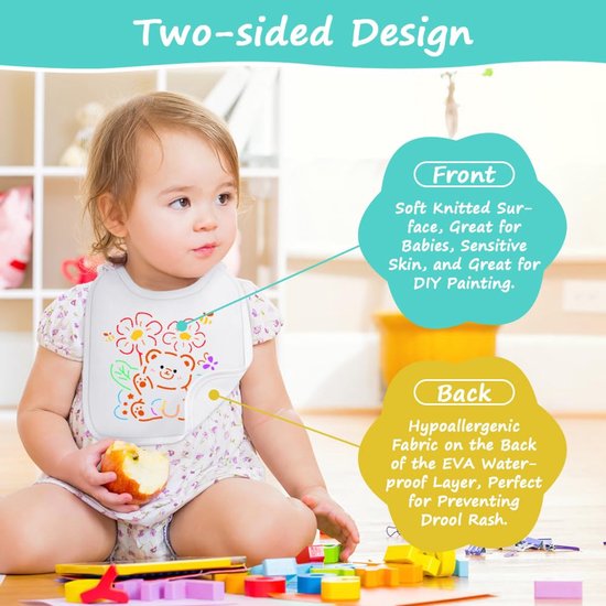 Baby Slabbetjes - Om te Beschilderen - Waterdicht - Inclusief 14 Textielstiften en 8 Tekensjablonen - 14 Stuks - 20 x 24 cm — afbeelding 3