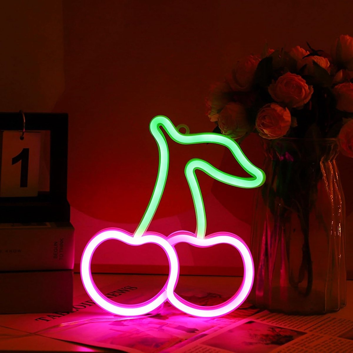 toon neon teken leuke kersenkleurige hulpverlichting, geschikt voor partijen, verjaardagen, banketten, bijeenkomsten, decoraties, slaapzalen, kamers, nachtverlichting (groen+roze)