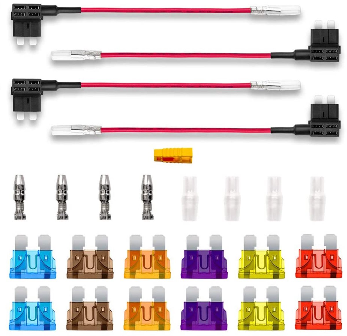 12V 24V standaard add-a-circuit zekeringstap, 4 stuks ACU medium piggyback zekeringhouder met kabelboom, 12 stuks zekering (3A 5A 7.5A 10A 15A 20A) en 1 stuks zekeringtrekker