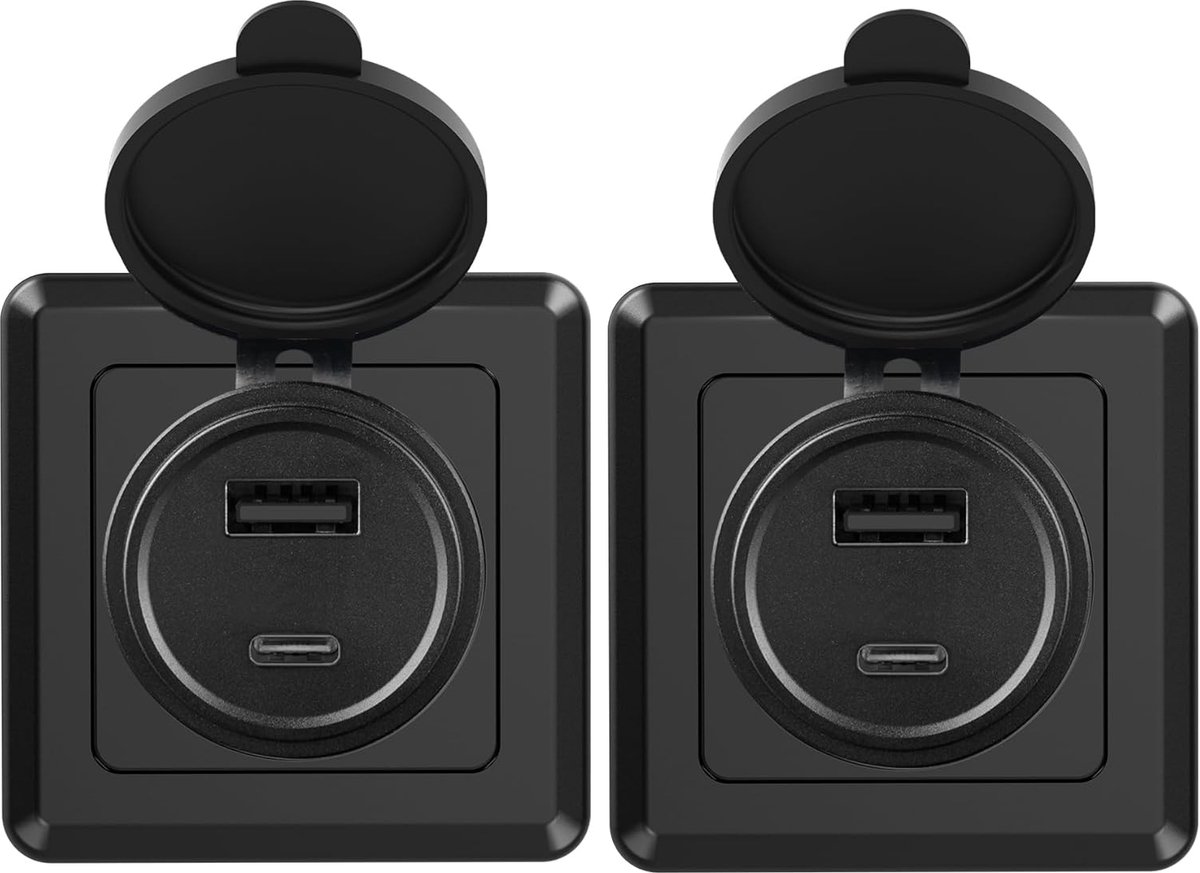 USB-A/C Dual Port Socket QC3.0 Type A & PD3.0 Type-C, 12V Aluminium USB Snel opladen uitgang met zwarte gezichtsplaat, geweldig voor RV, Boot, Caravan, Camper Trailer (Set van 2)