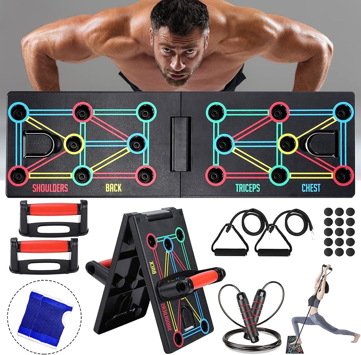 Up Board fitnessapparaten, 12-in-1 opvouwbaar multifunctioneel draagbaar push-upboard, fitnessapparaten met beschermende handschoenen en antislip siliconenmat, uniseks sporttoestellen